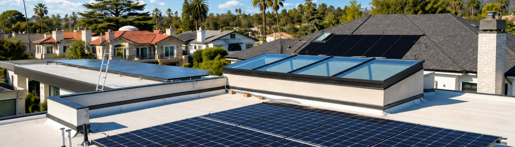 Solar panels installed on a rooftop at sunrise